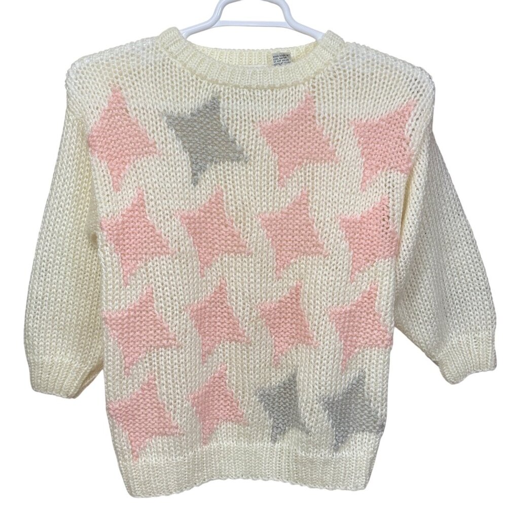 SML Sport Womens Hand Knit Sweater Medium Pink Gray Stars Vintage Acrylic